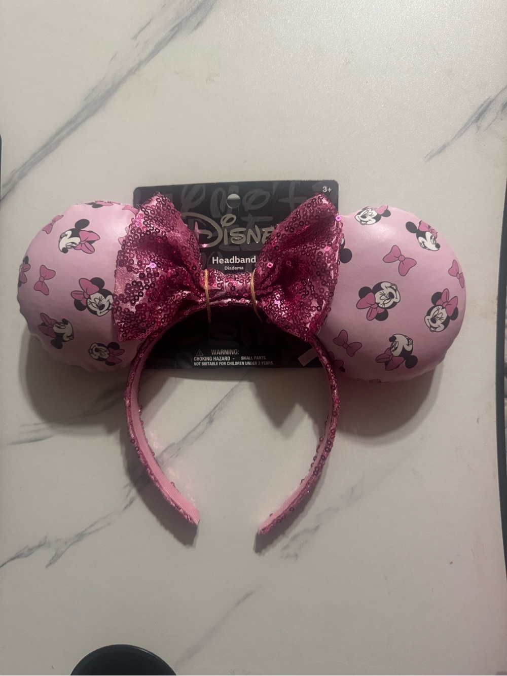 Disney Minnie Mouse Light Pink Ears Headband with Magenta Sequin Bow